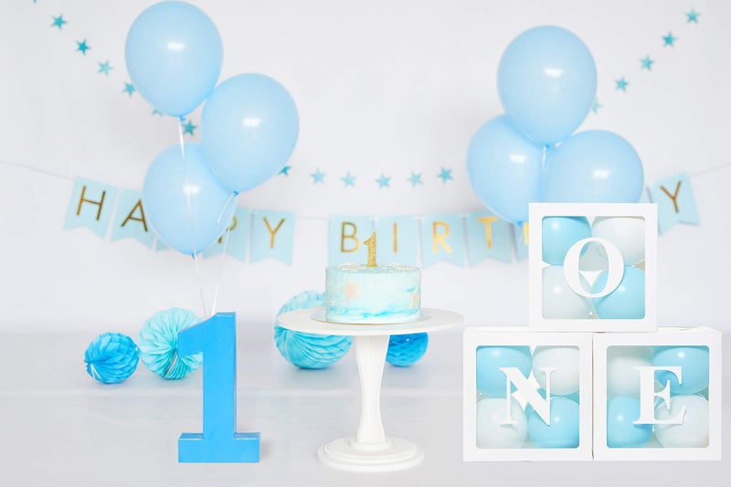 PartyHooman 1st Birthday 'ONE' Boxes - Boy Decorations with 24 Balloons - Clear Cube Blocks 'ONE' Letters for Cake Smash Photoshoot Props & Backdrop - Image 2